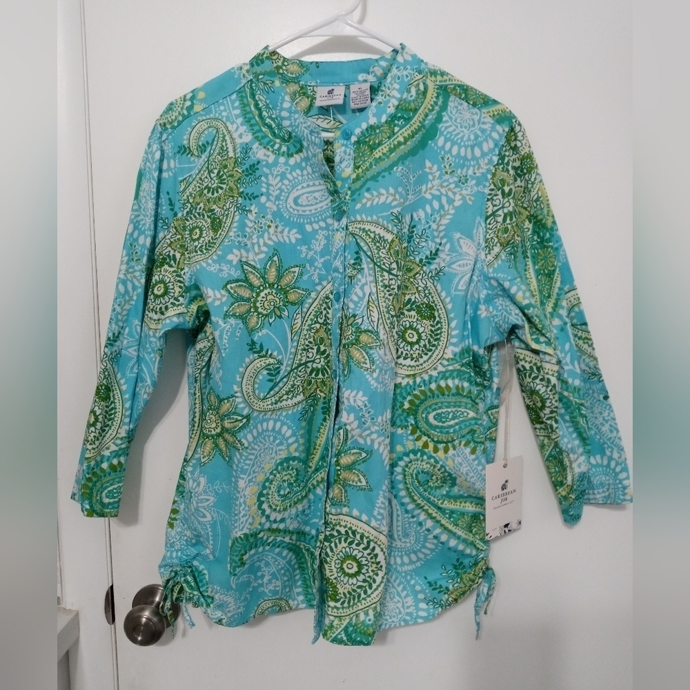 Caribbean Joe paisley button down long sleeve Sky blue/Green 100% cotton blouse